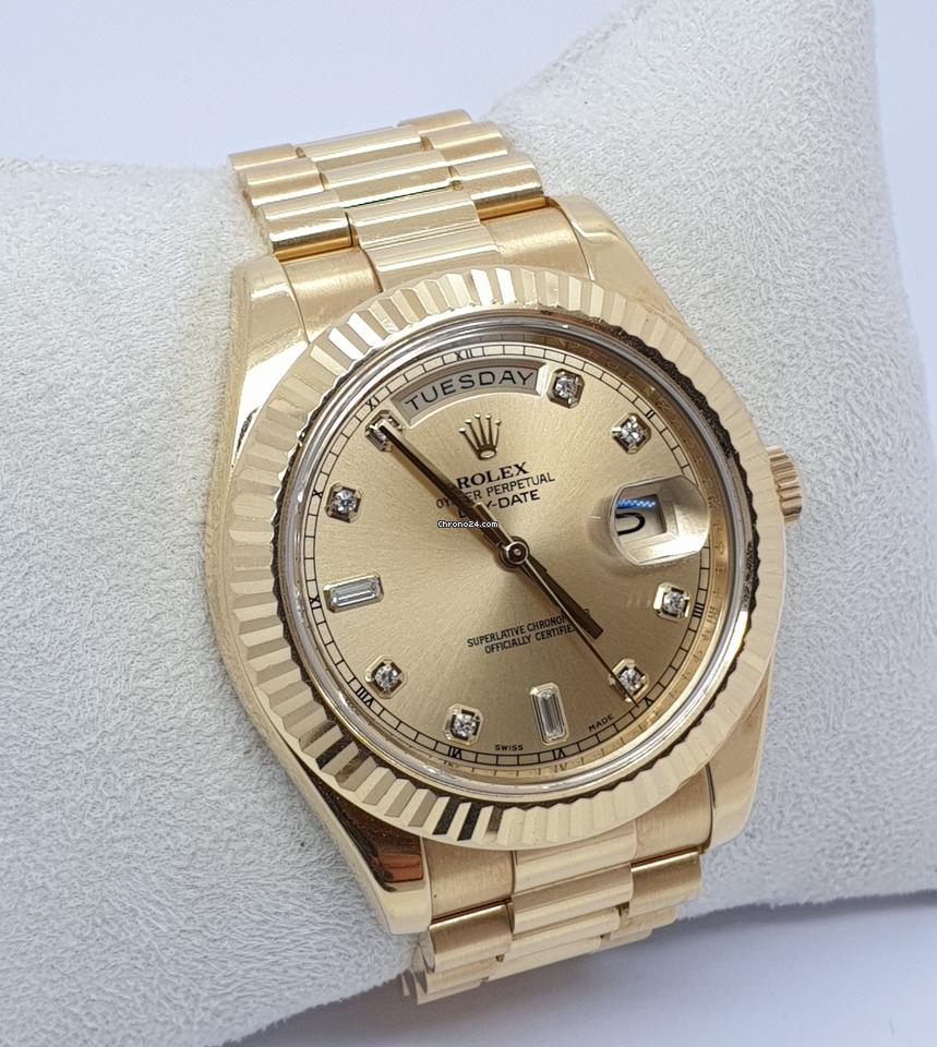Rolex Day Date Yellow Gold Fluted Bezel Champagne Diamond Dial Watch 218238