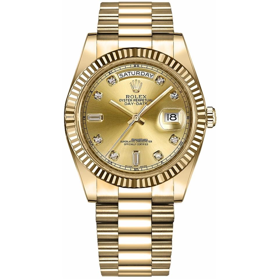 Rolex Day Date Yellow Gold Fluted Bezel Champagne Diamond Dial Watch 218238