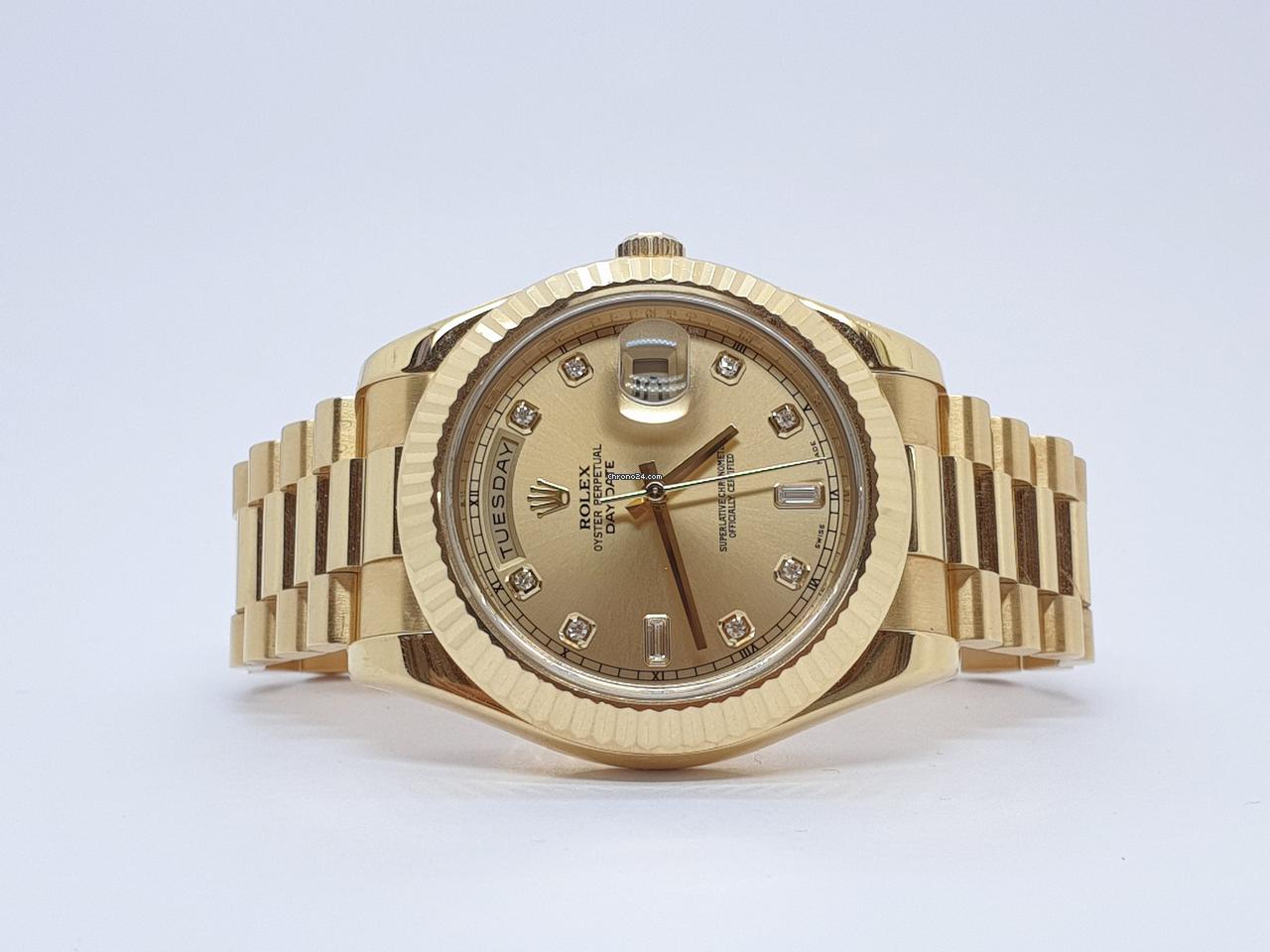 Rolex Day Date Yellow Gold Fluted Bezel Champagne Diamond Dial Watch 218238