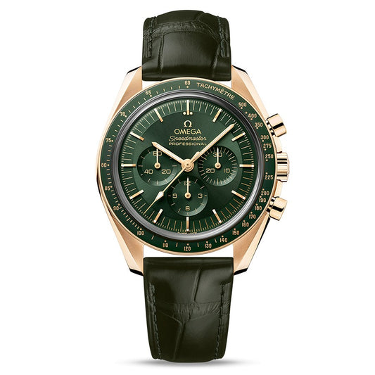 Omega Speedmaster Moonwatch Co‑Axial Master Chronometer en or Moonshine cadran vert bracelet cuir 42 mm