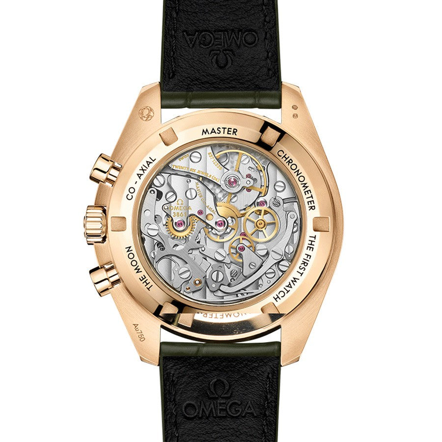 Omega Speedmaster Moonwatch Co‑Axial Master Chronometer en or Moonshine cadran vert bracelet cuir 42 mm