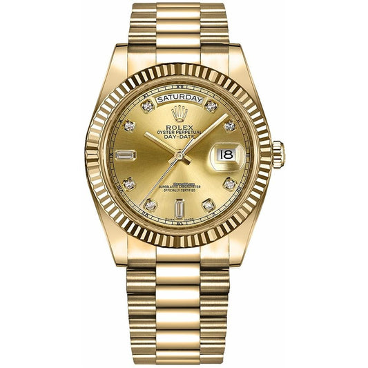 Rolex Day Date Yellow Gold Fluted Bezel Champagne Diamond Dial Watch 218238
